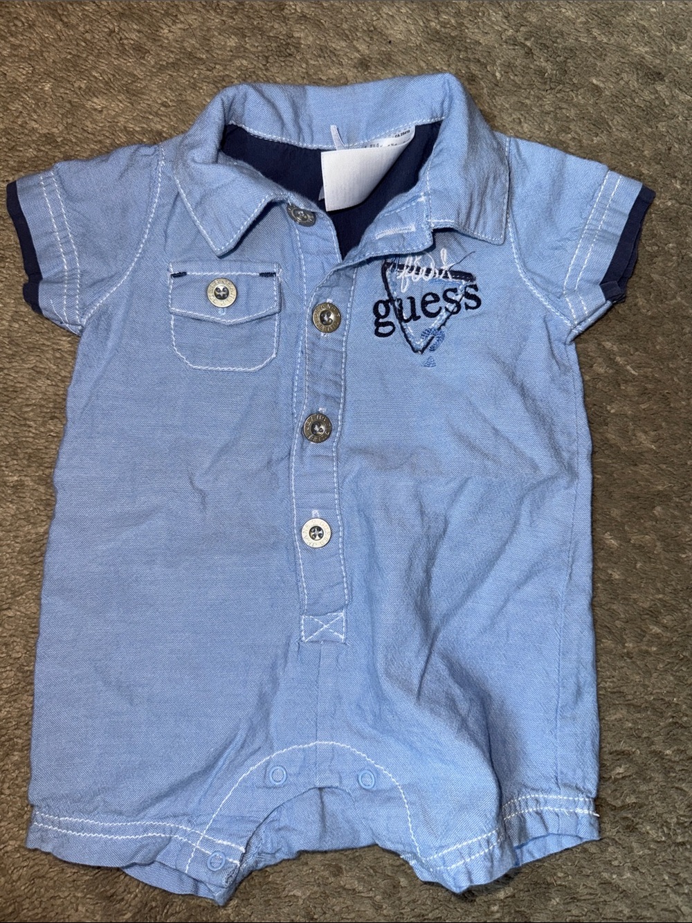 Guess Light Blue Short-Sleeve Polo Romper with Navy Trim